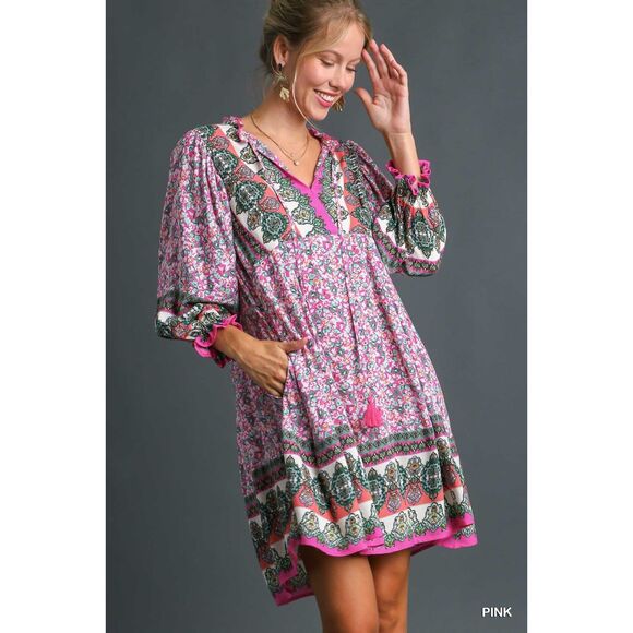 Umgee Boho Floral Mini Dress Pink Hippy Retro Stevie Nicks Vibes S M L - Picture 8 of 9